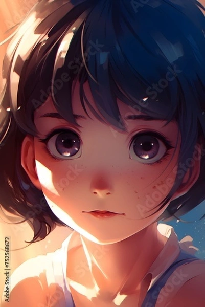 Fototapeta Digital portrait of a a shy and vulnerable young girl with dark hair, skillfully rendered in an anime/manga-inspired style. The artwork captures emotion and innocence, created with generative A.I.