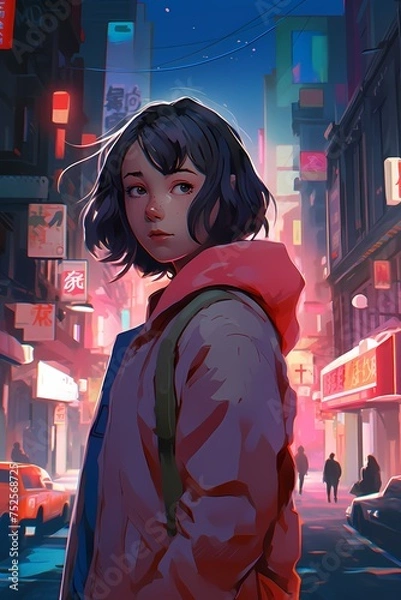 Fototapeta A digital portrait featuring a cool and cute young girl in an anime/manga-inspired style. With a shy gaze, she looks back over her shoulder in a neon city environment, created with generative A.I.