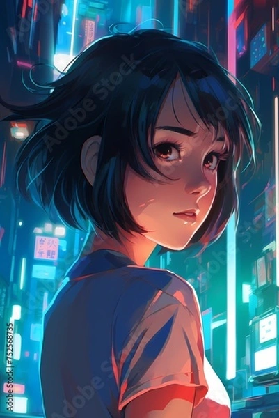Fototapeta A digital portrait featuring a cool and cute young girl in an anime/manga-inspired style. With a stylish gaze, she looks back over her shoulder in a neon city environment, created with generative A.I.