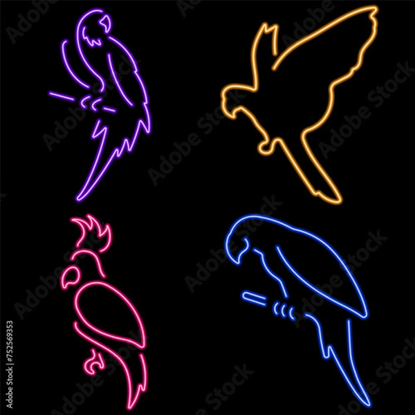 Obraz parrot group of neon icons, vector illustration on black background.