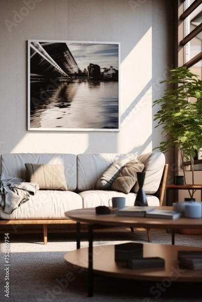 Fototapeta A comfortable living room setup with a couch and coffee table. Ideal for home decor and interior design projects
