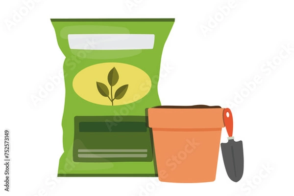 Fototapeta Bag of potting mix or garden soil with terracotta pot and hand trowel. Gardening and planting supplies and tools, flat vector graphic illustration.