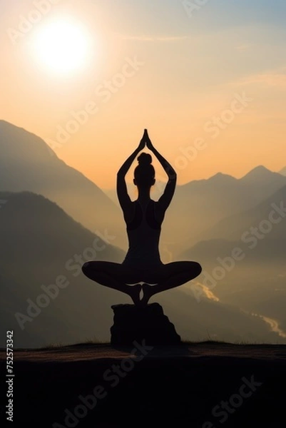 Fototapeta A person sitting in a yoga pose on a rock. Ideal for health and wellness concepts