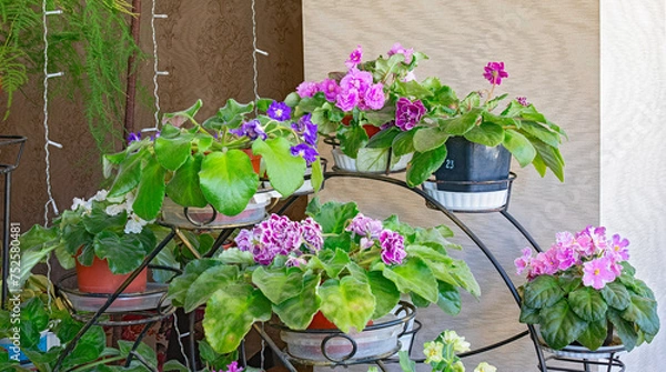 Obraz A collection of lushly blooming Uzambar violets nestled on an arched metal support in the room
