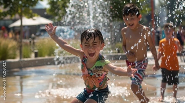 Fototapeta Vibrant image of happy children laughing and playing in a water splash pad during a sunny day, showcasing summer fun and joyful moments.