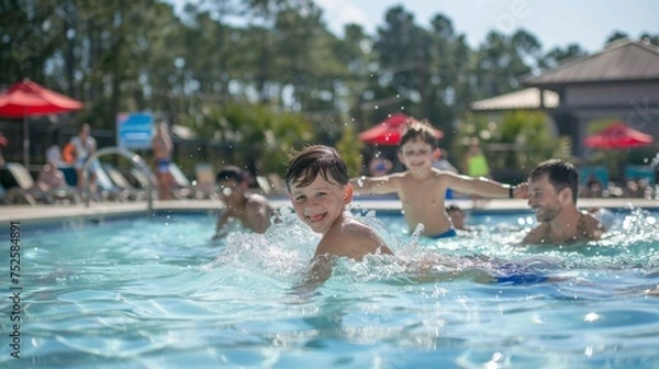 Fototapeta Cheerful family enjoys a sunny day at the local community pool, with kids playing and parents swimming in the background.