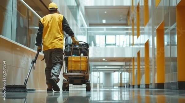 Fototapeta Rear view of a janitor pushing a cleaning cart through brightly lit contemporary office corridor, symbolizing maintenance and routine work.