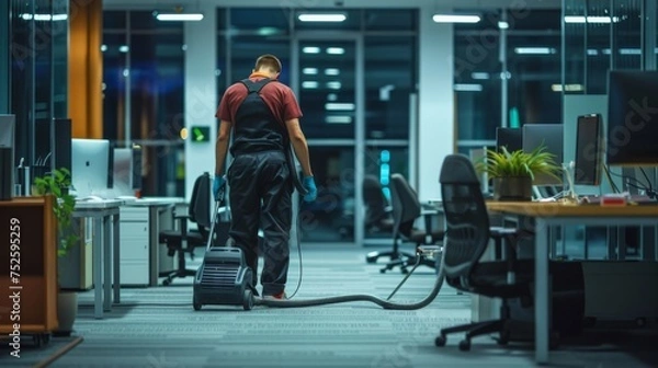 Fototapeta A diligent professional cleaner vacuuming a dark carpet within the bright office environment, ensuring cleanliness and hygiene in workspace.