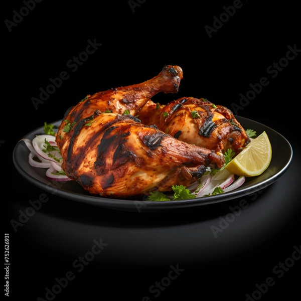 Fototapeta A hyper-realistic photograph of a complete smoky tandoori style chicken on a beautiful ceramic plate, solid stark black background, focused lighting.[A-0002]