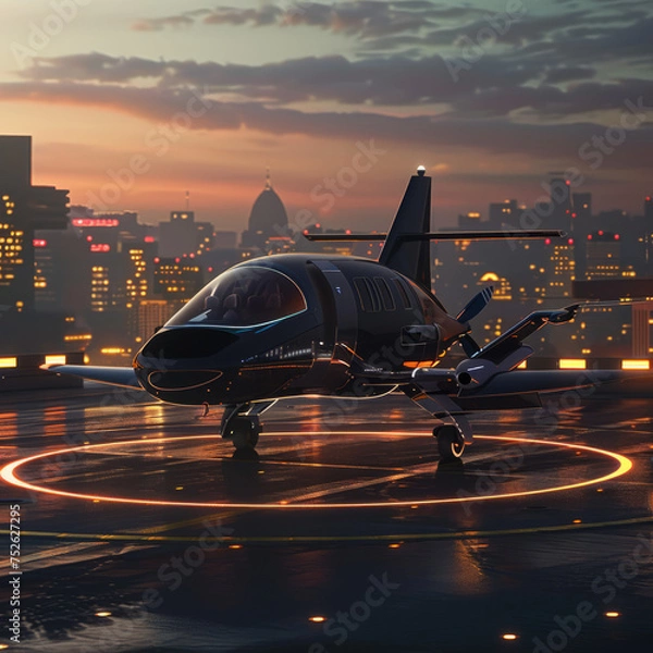 Fototapeta Dusk Arrival, a vtol single person private jet landing on a helipad