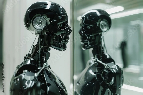 Fototapeta Reflective image of a humanoid robot, questioning the essence of humanity and technology.

