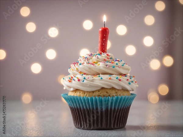 Fototapeta Delicious birthday cupcake on table on soft light 
