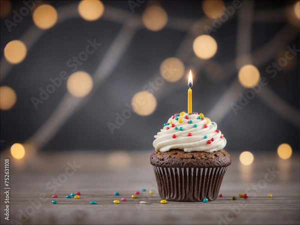 Obraz Delicious birthday cupcake on table on soft light 