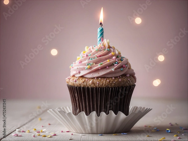 Obraz Delicious birthday cupcake on table on soft light 