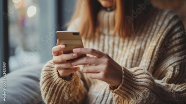 Fototapeta Young woman texting on her phone to send money through an e-wallet transaction generative ai