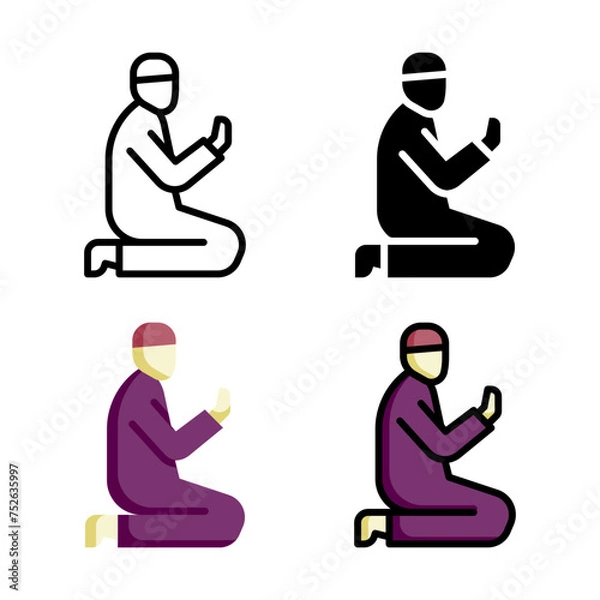 Fototapeta Muslim prayer icon set style collection in line, solid, flat, flat line style on white background