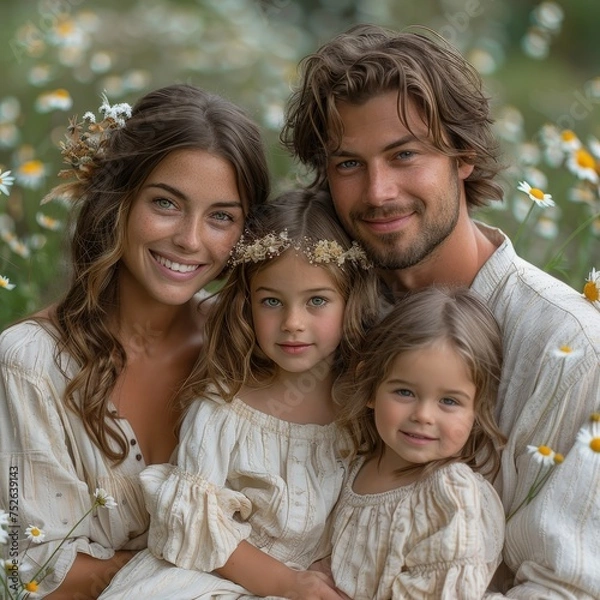 Fototapeta A joyful Easter Sunday family photo with a garden background and pastel outfits captures the essence of the day.