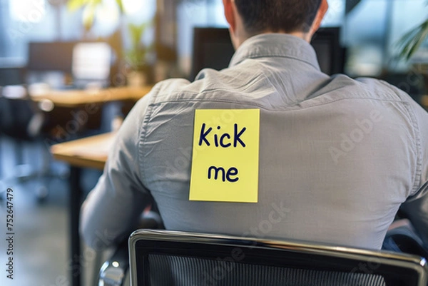 Fototapeta April fools prank concept, sticky note attached to a persons back