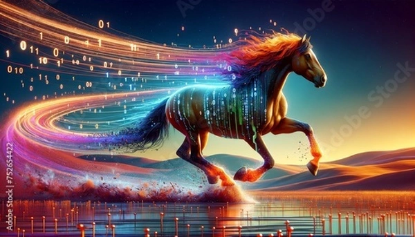 Fototapeta A detailed and high-quality whimsical animated art scene featuring a horse galloping with a trail of digital footprints.
