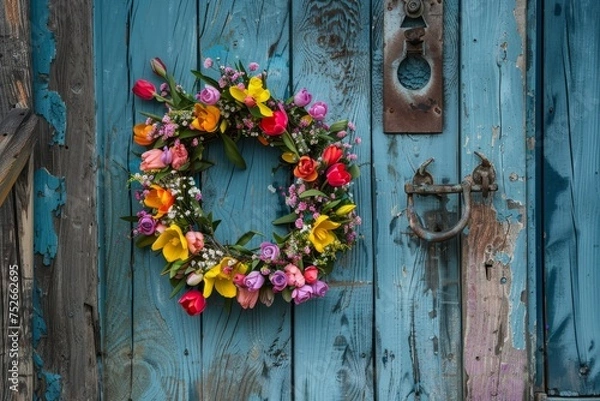 Fototapeta A Symphony of Spring Colors: A Bright and Cheerful Easter Wreath Adorning a Rustic Wooden Door, Welcoming the Season of Renewal