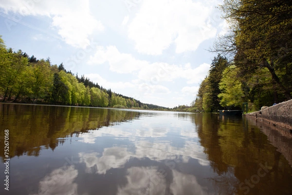 Fototapeta A river flowing amidst lush trees, adorned by billowy clouds