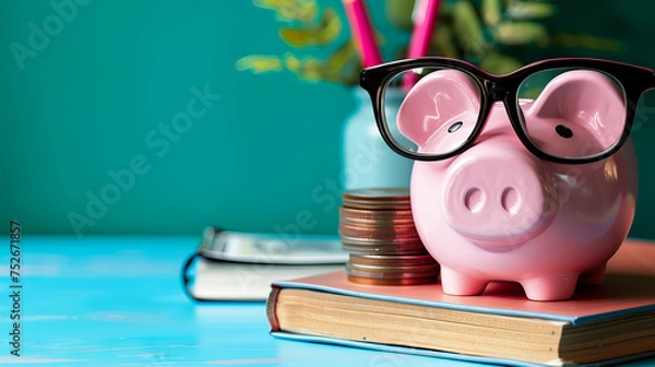 Obraz piggy bank, books, glasses and money, classes on financial literacy concept - AI Generated