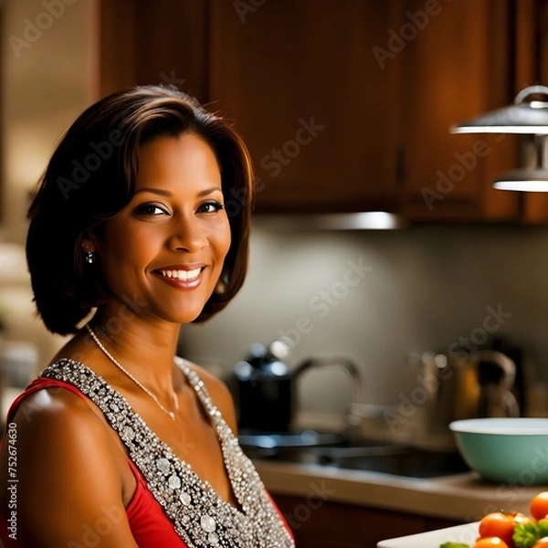 Obraz a smiling woman standing in front of the kitchen