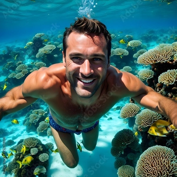 Obraz In the sea, colorful fish and coral, swimming man.