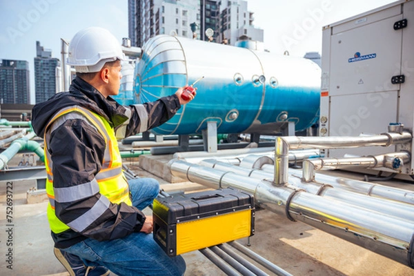 Fototapeta The image captures a skilled engineer inspecting a network of pipelines in a petrochemical facility. the concept of projects related to petrochemicals, engineering, and industrial inspection.