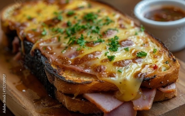 Fototapeta Capturing the Essence of an Open Grilled Ham and Cheese Sandwich