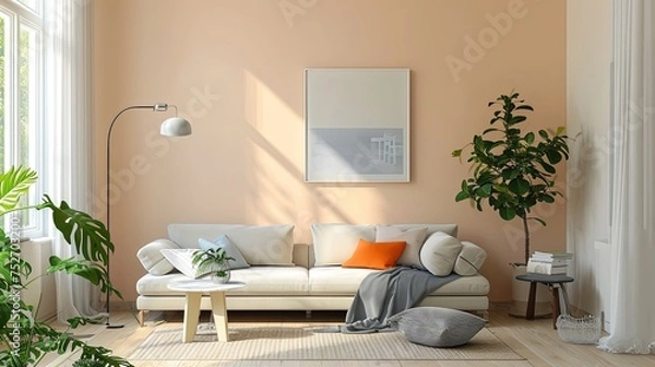 Fototapeta Modern designer cozy living room in peach color wall with a white sofa, picture, monstera plant, window and coffee table, lamp