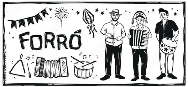 Fototapeta Forró band playing with their musical instruments. June celebration. Woodcut illustration in cordel style