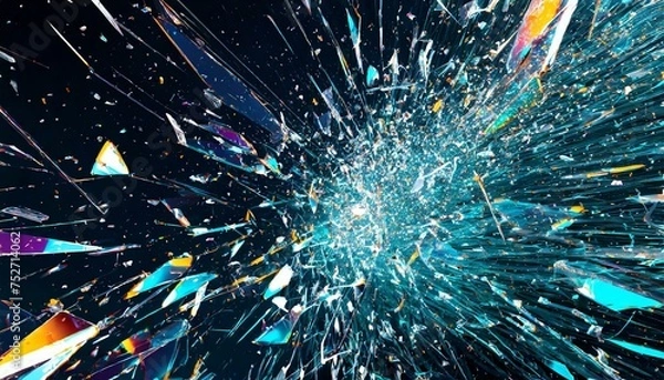 Obraz 割れたガラス片　青　黒背景