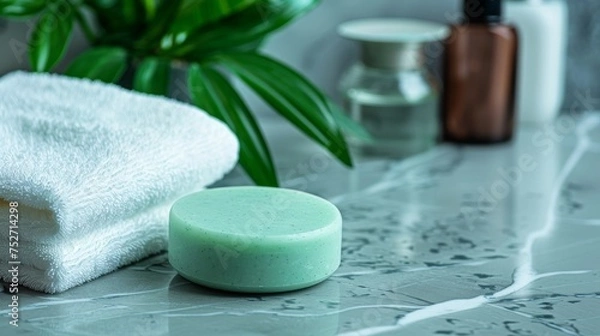 Fototapeta Spa product: a round handmade herbal soap on the table, mint color soap, high-angle view, natural lighting, spa room environment, spa concept. Skin product mockup scene. Cosmetic product