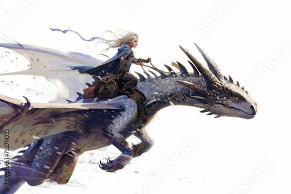 Fototapeta A dragon and its rider, bonded by trust, soar through the sky. The rider clings to its neck, wind whipping their hair.
