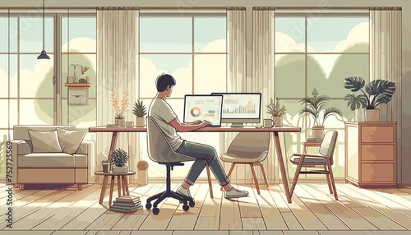 Fototapeta Concept of image of a person working remotely from home .Vector illustration.
