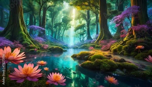 Obraz landscape with flowers and water, An underwater forest where bioluminescent creatures illuminate the darkness, flowers emerge above water, Ai Generate  
