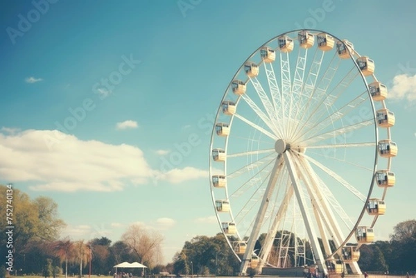Fototapeta Colorful Ferris wheel of the amusement park, Ferris wheel in the park, Ferris wheel on blue sky background in the park, Ai generated
