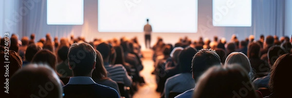 Fototapeta Image from behind of an audience member watching a person giving a speech on stage in a large venue.