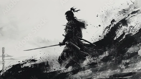 Fototapeta 侍の墨絵イラスト,Generative AI AI画像