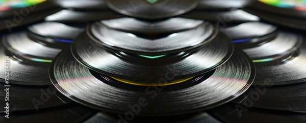 Obraz a black background of old vinyl records with reflections of jazz music