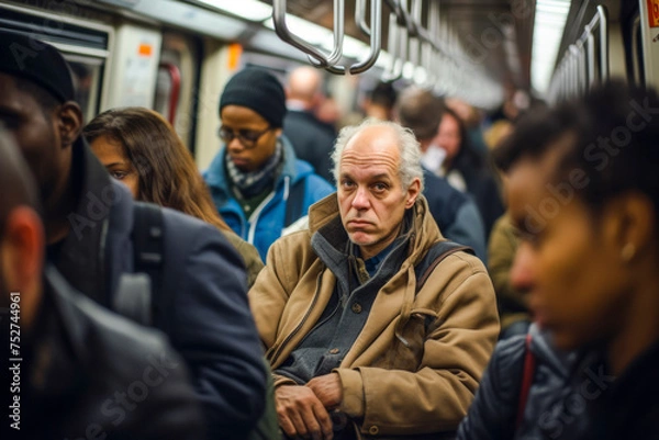 Fototapeta a big crowd of people in the new york subway metro in rush hour on their way home driving with trains. in the evening after work day. everybody is tired.