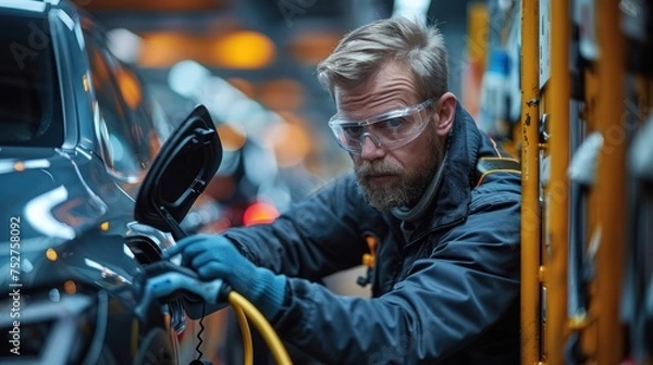 Fototapeta An engineer conducts a safety audit of EV maintenance facilities.