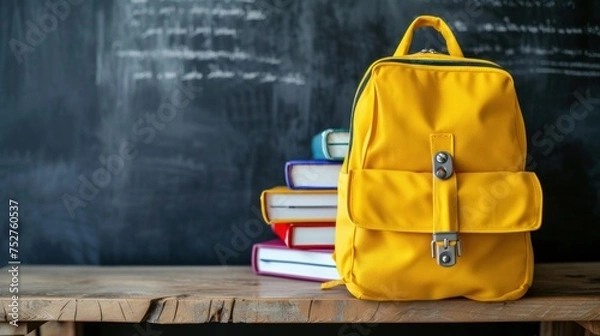 Fototapeta Yellow school bag and stack of books on table in front of blackboard