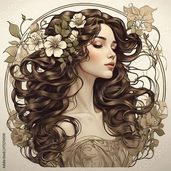 Fototapeta Art Nouveau, A painting of a woman with flowers and butterflies