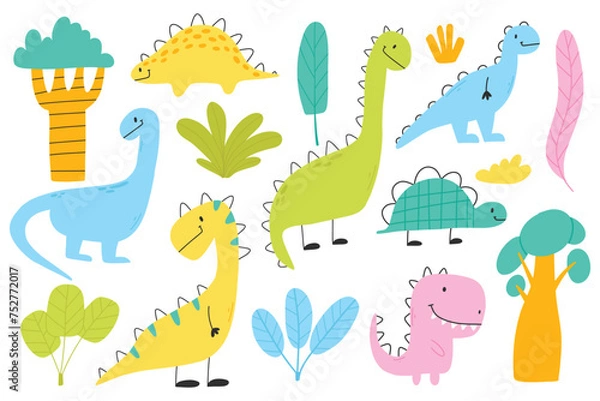 Fototapeta Set of cute dinosaurs in scandinavian style. Collection of baby dino isolated on white background. Vector illustration.