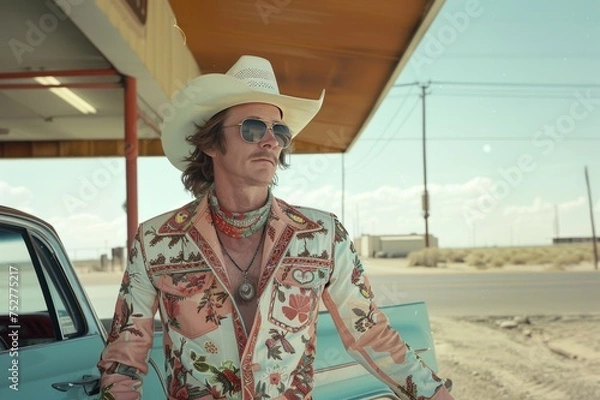Obraz Retrato redneck esperando en una gasolinera de la ruta 66, cowboy autentico 