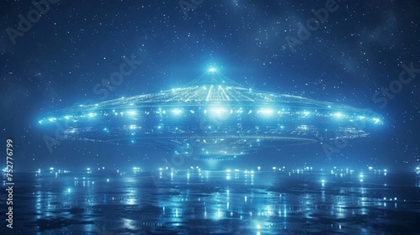 Fototapeta Unidentified flying object UFO or flying saucer in neon futuristic light. Extraterrestrial civilizations concept. Contact with other planets