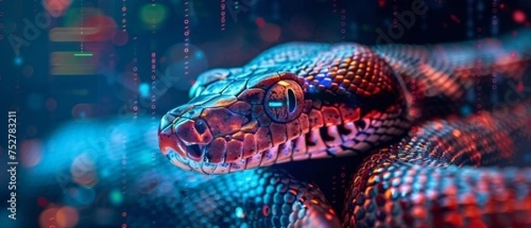 Fototapeta A futuristic python with laser eyes set against a colorful digital coding background