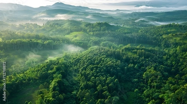 Fototapeta Foggy Morning Forest View in the Style of Southeast Asian Art, To provide a serene and peaceful nature scene for calming and reflective purposes,